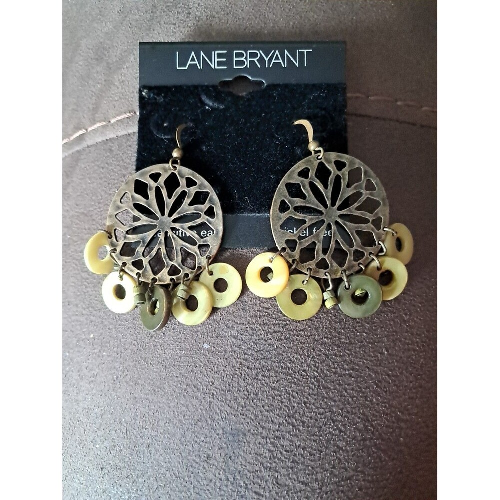 Land Bryant Dangle Brass Disk Earrings W/Small Lite Green Pearlized Accent Disks